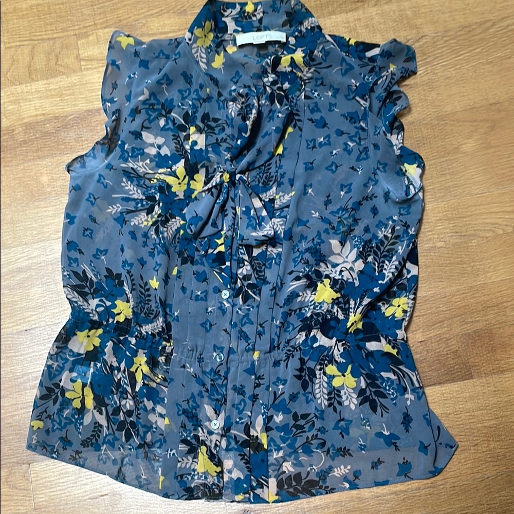 LOFT Gray, Blue and Yellow Ruffled Blouse with Mandarin Tie Collar Top MP